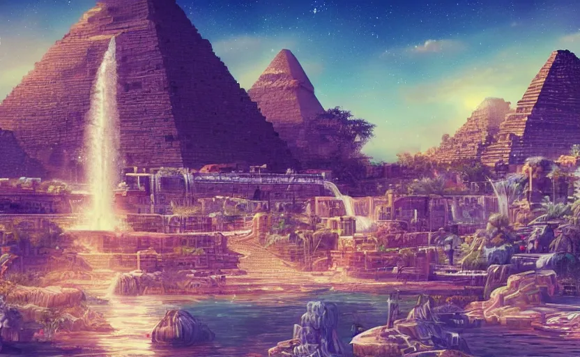 Image similar to ancient egyptian cityscape with waterfalls, retrowave epic art, trending on art station