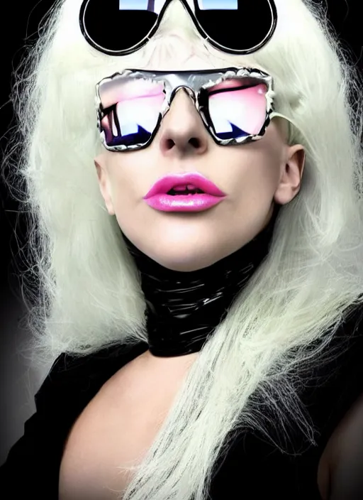 Prompt: lady gaga just dance poker face era the fame in 2 0 0 8 photoshoot, full body, wearing versace sunglasses, long platinum blonde hair with bangs fringe, highly realistic. high resolution. highly detailed. dramatic. 8 k. 4 k.