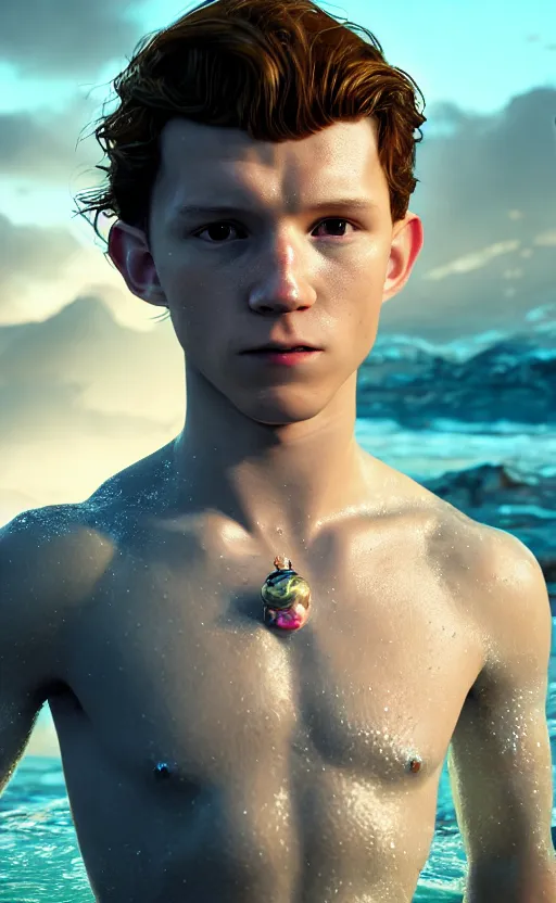 Image similar to tom holland as a charming mermaid work safe dreamlike with jewelry, character art, hyperdetailed, 8 k realistic, frostbite 3 engine, cryengine, dof, trending on artstation, digital art