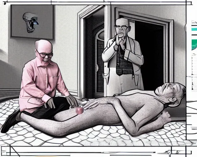 Image similar to the famous snake oil salesman Uncle Aloysius curing a patient of the pink wojacity, painting by Grant Wood, 3D rendering by Beeple, sketch by R. Crumb