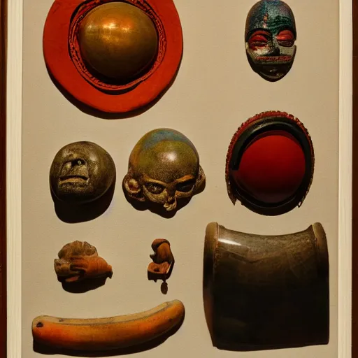 Image similar to a three color offset photography of single surrealist object on display, anthropology of wonder, ( ( ( surrealism ) ) ), exotic artifacts, colonial expedition, exhibition, 6 0 s style