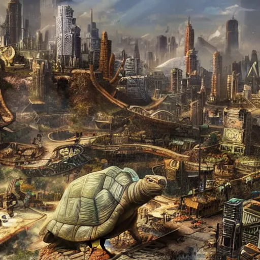 Prompt: fantasy city on a giant tortoise's back while the tortoise walks through a wasteland. The city has streets and markets, Realistic. Hyper detailed.