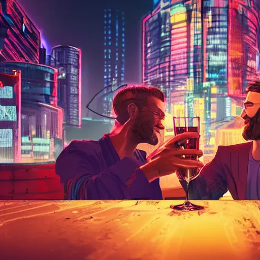 Image similar to two men toast while waiting for the end of the world in a cyberpunk city, realistic, high definition, 4K, shimmering color, symmetrical face, hyper detailed, art of unreal ingine 5