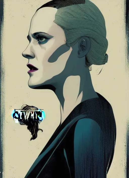 Image similar to a portrait of Evan Rachel Wood as Dolores, in the show Westworld, poster artwork by Michael Whelan and Tomer Hanuka, clean