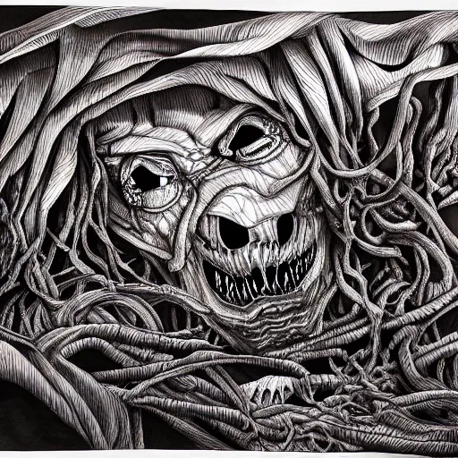 Prompt: what you see in your nightmares, ink painting, highly detailed, 4 k, upscaled