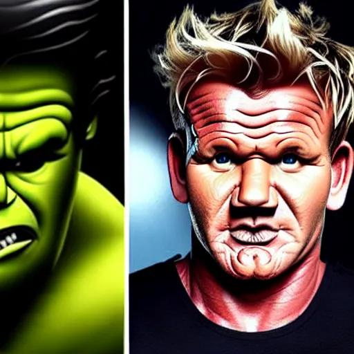 Image similar to Gordon Ramsay transforms into the Hulk