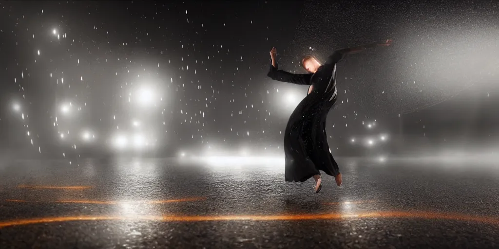 Image similar to slow motion with trail effect of futuristic break dancer wearing floating long dress, long exposure shot , at night in the middle of a rainy street, paddle of water, steam, fog, water splashes, rim lights, glossy reflections, water droplets on lens, octane render, dark and dramatic, explosion in the background, detailed and soft, fisheye