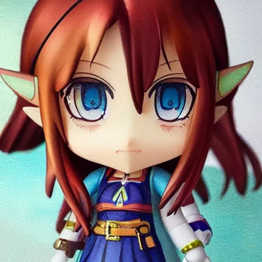 Image similar to beautiful water color portrait painting of face detailing cute girl in the style of nendoroid and Toon Zelda , anime style, close-up