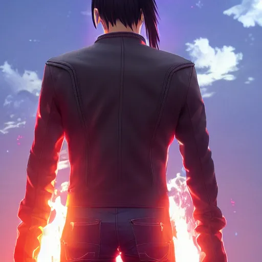 Image similar to an epic anime of a man energy, leather jacket, leather gloves, ghibli, unreal 5, octane render, rpg portrait, dynamic lighting, epic, epic anime, 2 d