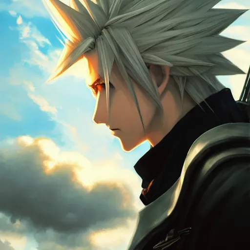 Image similar to thundercloud with a cloud strife's face on it, face only, no body, trending on artstation, high contrast, highly detailed, epic, 4 k, artstation, greg rutkowski, makoto shinkai, beautiful sky