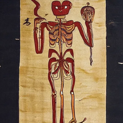 Image similar to an ancient papyrus depicting a japanese yokai's anatomy and information