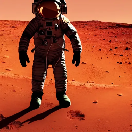 Prompt: ultra realistic photo of an astronaut on Mars walking proudly towards the camera, wide-angle shot, low angle, 4k, 50 mm, synthwave