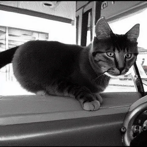 Prompt: gas station cctv footage of cat in a tank