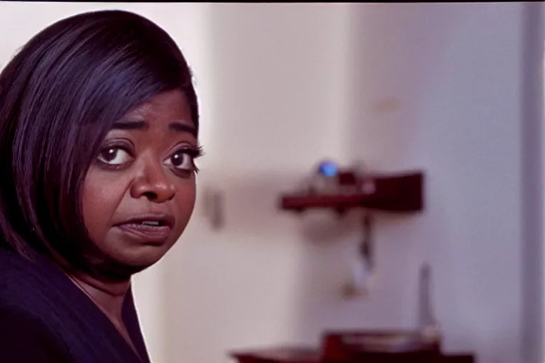 Prompt: screenshot of close up of octavia spencer removes a small hearing device with tweezers from her left ear, iconic scene from the paranoid sci fi thriller film directed by stanley kubrick, apartment set in the near future, cinematic shot with anamorphic lenses, color theory, apartment design, leading lines, photorealistic, volumetric lighting