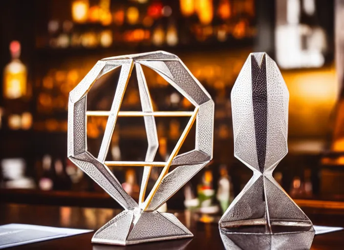 Image similar to a reflective symmetrical polyhedral 3 d printed steel engineering trophy at a high end bar in a medieval themed castle in golden afternoon light, professional food photography