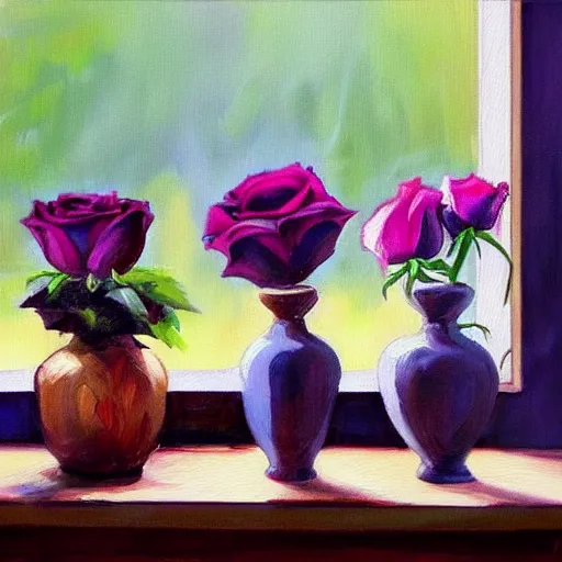 Image similar to A painting of a windowsill with two vases. One vase containing a red rose. And the other vase containing a blue violet. The natural light from the window would be shining in on the scene. Trending on artstation