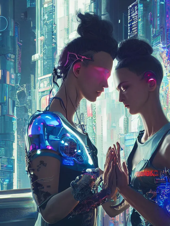 Image similar to a complex cyberpunk 2077 concept art ultra detailed of two veiled perfect human face female android queens praying together with lots of electric cable behind them connected to giant computer,bowknot, fine lace, GUCCI, sparkling, jewel embellishment, film lighting, by Andrei Riabovitchev,Stanely Artgerm, Tom Bagshaw, Andrei Riabovitchev, aaron horkey, trending on pinterest, full of color, mythological, high detailed,golden ratio,cinematic lighting