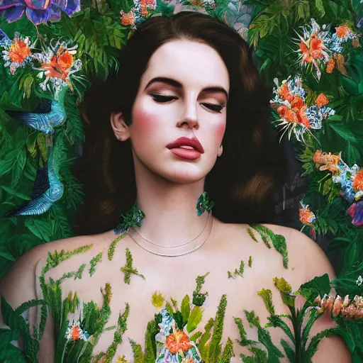 Prompt: head and shoulder portrait of lana del rey, surrounded by hummingbirds and dense fine floral ornaments, eye - level medium shot, dense floral background, elegant, intricate, by zatzka hans and watkiss john, centered, volumetric light