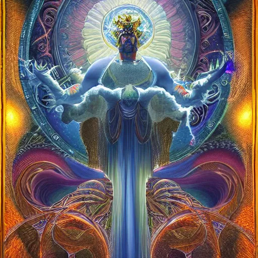 Image similar to the sacred spirit king by GEOGLYPHIKS by FABIÁN JIMÉNEZ by MICHAEL DIVINE by AMANDA SAGE in the style of oil painting visionary art, intricate oil painting artwork. , trending on artstation, greg rutkowski very coherent symmetrical artwork, oil painting