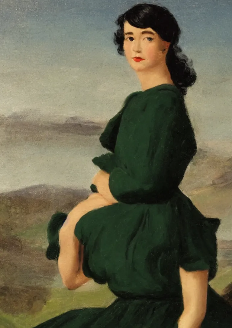 Prompt: a close up of a young woman from the fifties, seated in front of a landscape background, her black hair is a long wave, she wears a dark green dress, pleated in the front with yellow sleeves, puts her right hand on her left hand, a detailed neoclassicism painting