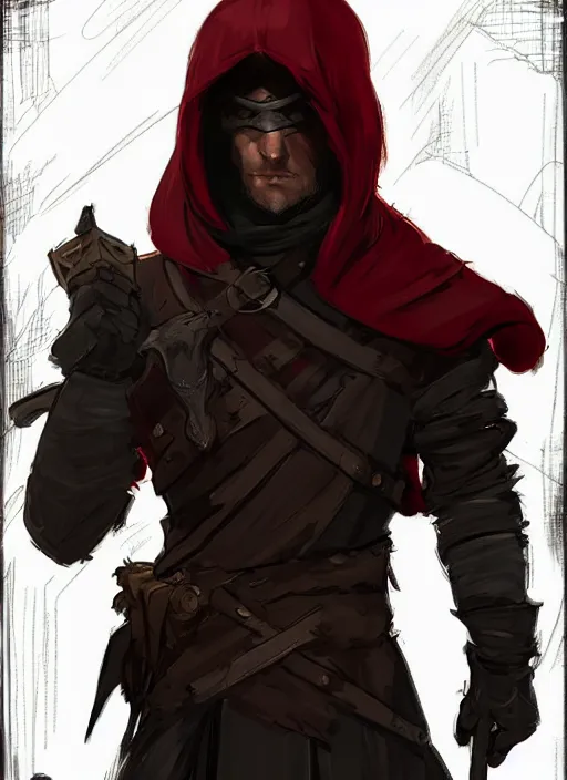 Image similar to concept art of a male rogue, red eyes, covered face, game of thrones character design by laurie greasley and sherree valentine daines concept art, matte, sharp focus, illustration, hearthstone, art by artgerm and greg rutkowski and alphonse mucha