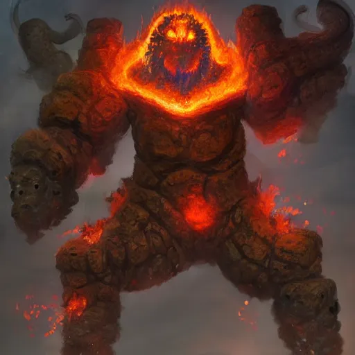 Prompt: The fire elemental stone golem made of large boulders, d&d art, fantasy, painted, 4k, high detail, sharp focus, artstation