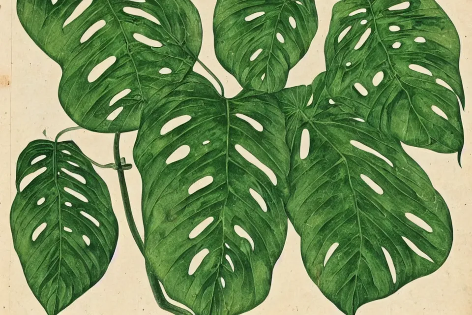 Prompt: detailed 18th century botanical illustration of various monstera leaf