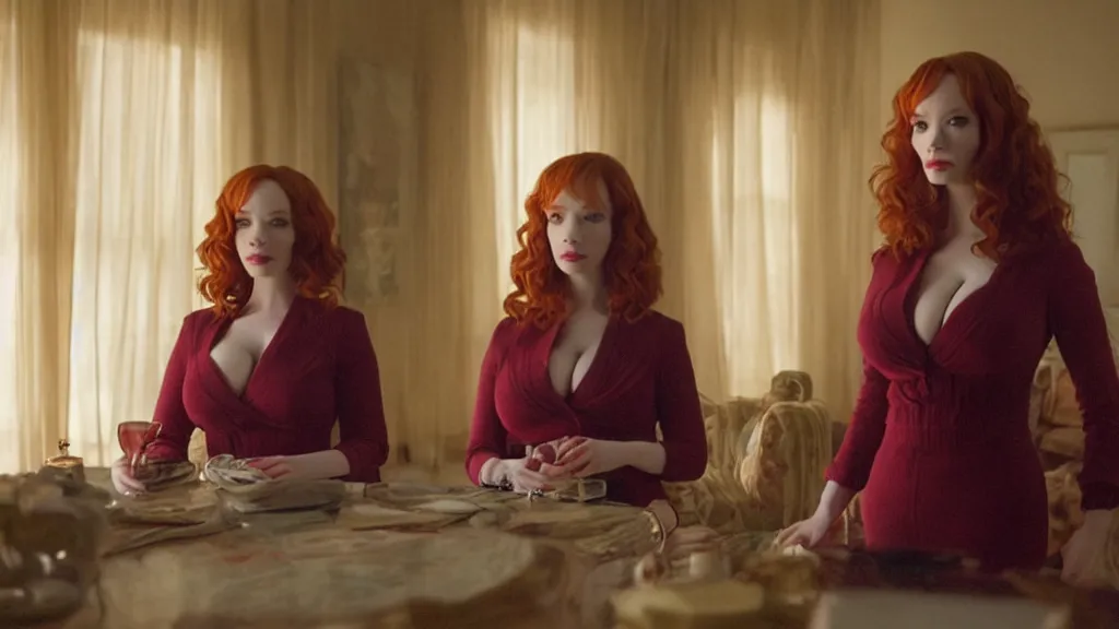 Image similar to a very surprised beautiful Christina Hendricks and her twin sister in the living room, film still from the movie directed by Denis Villeneuve with art direction by Salvador Dalí, wide lens