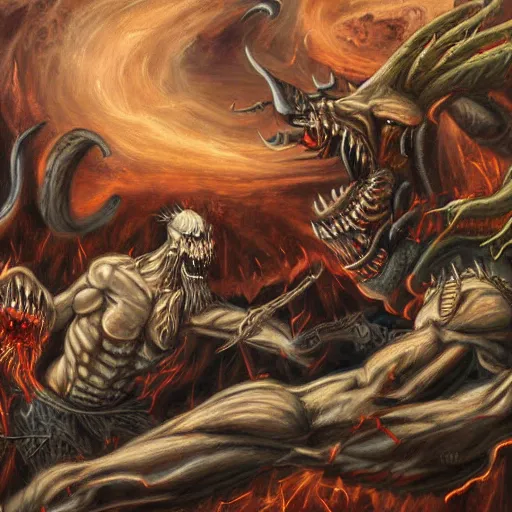 Image similar to realistc detailed painting two demons fighting each other in hell, dark style