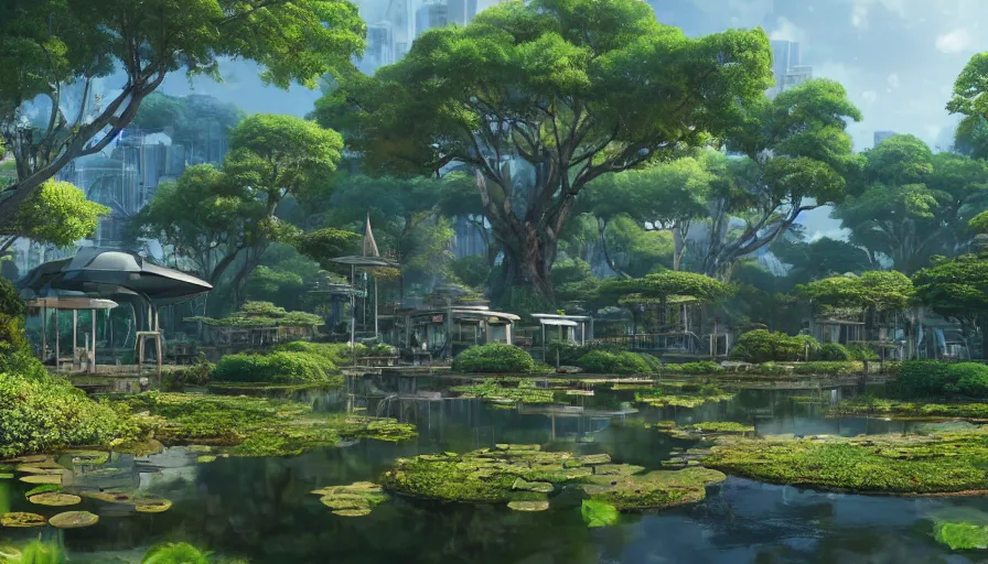 Image similar to futuristic city with a pond, beautiful ancient trees, hiding large treasure chest, serene evening atmosphere, soft lens, soft light, cel - shading, animation, in the style of cgsociety, deviantart, artstation, zbrush, cinema 4 d, studio ghibli, akihiko yoshida, atelier lulua, masamune shirow