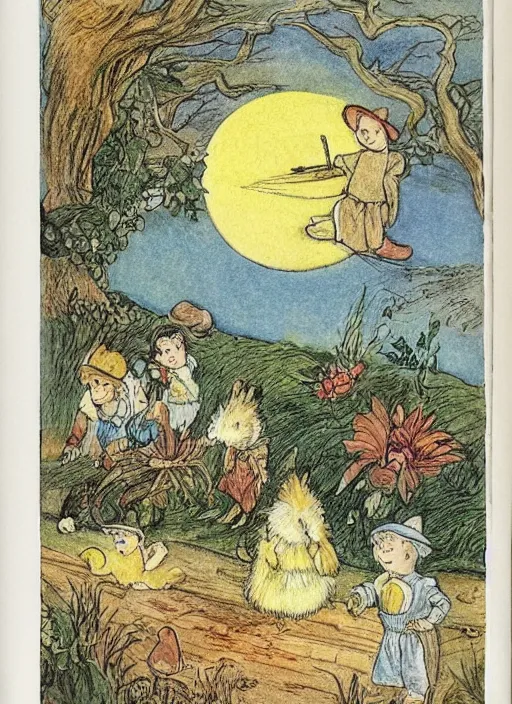 Image similar to half morning, half night, half moon, half sun, illustrated by peggy fortnum and beatrix potter and sir john tenniel