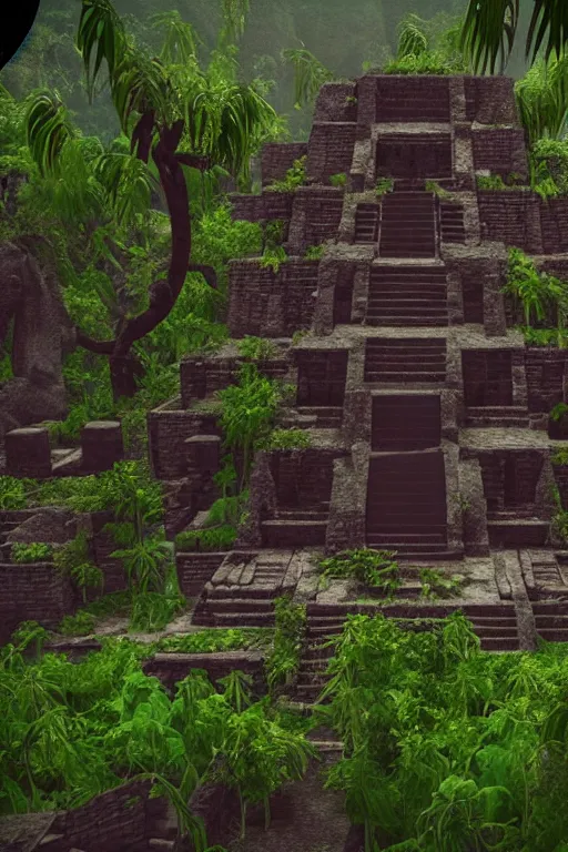 Prompt: a beautiful 3 d stylized interior scene of a dark ancient mayan temple with voodoo magic, green potions, vines, octane, unreal engine,