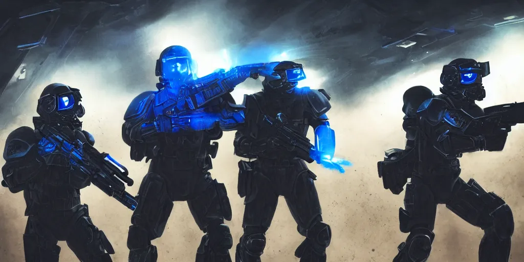 Prompt: A very detailed sketch of two soldiers with blue laser rifles wearing black power armour with blue sprites and full helmets with blue visors, night, fog, a complicated chrome-plated spaceship with blue lights in the background, realistic 4k octane beautifully detailed render, 4k post-processing, highly detailed, intricate complexity, epic composition, magical atmosphere, cinematic lighting, masterpiece, ultra hd