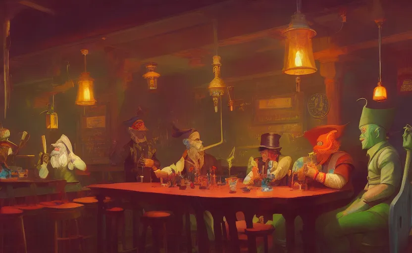 Prompt: A cheerful gnomish steampunk tavern, very coherent, painted by Edward Hopper, Wayne Barlowe, painted by James Gilleard, airbrush, art by JamesJean