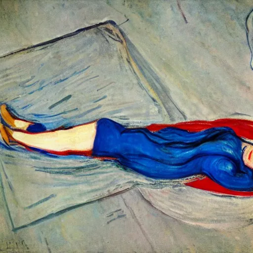 Prompt: subdued aerial view by edvard munch. a street art of a woman reclining on a bed.