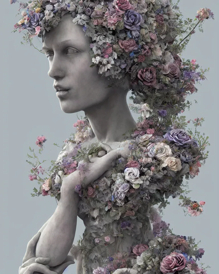 Image similar to a marble statue made of flowers made of mist, Andrew Ferez, Charlie Bowater, Marco Mazzoni, Seb McKinnon, Ryohei Hase, trending on cgsociety, featured on zbrush central, new sculpture, mystical