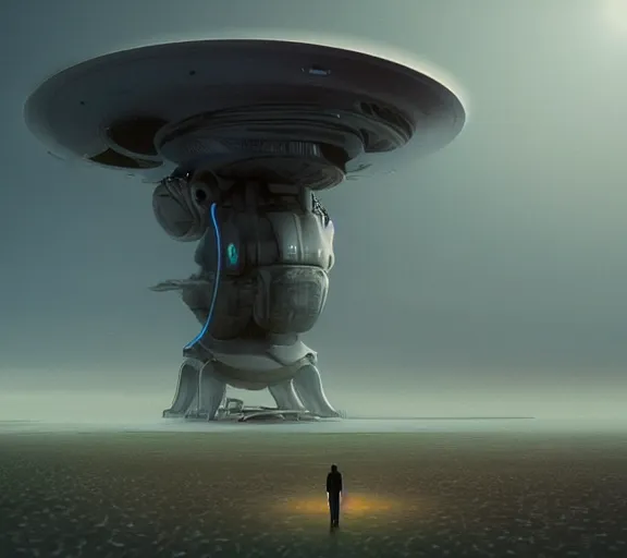 Prompt: alien spaceship landing in earth by jim burns and beeple