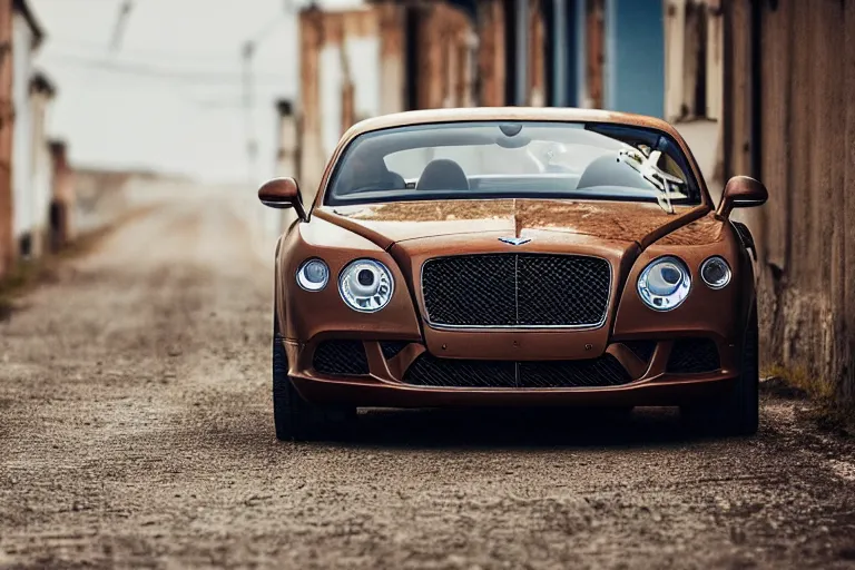 Image similar to modern rusty matte tired Bentley Continental GT without gloss no reflections drives along the road of an old Russian village with houses at the edges