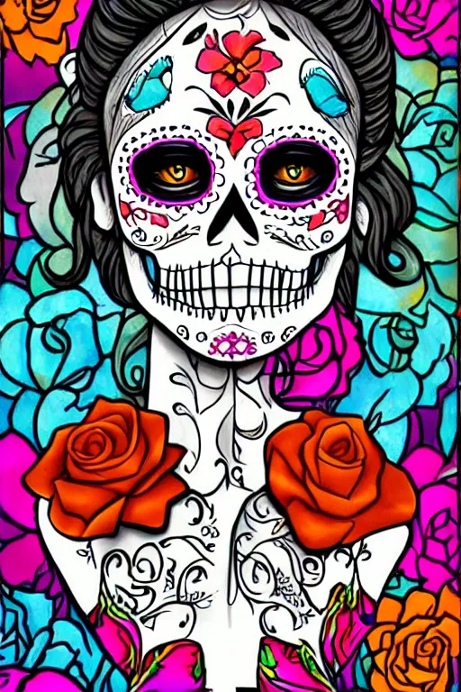 Image similar to illustration of a sugar skull day of the dead girl, art by tom richmond