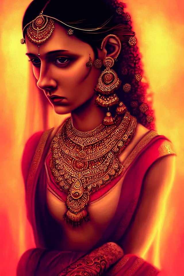 Prompt: epic professional digital art of beautiful indian 👰♀, ambient lighting, painted, gorgeous, stunning, symmetrical, impressive, leesha hannigan, van herpen, best on artstation, cgsociety, wlop, pixiv, stunning, gorgeous, much wow, cinematic, masterpiece