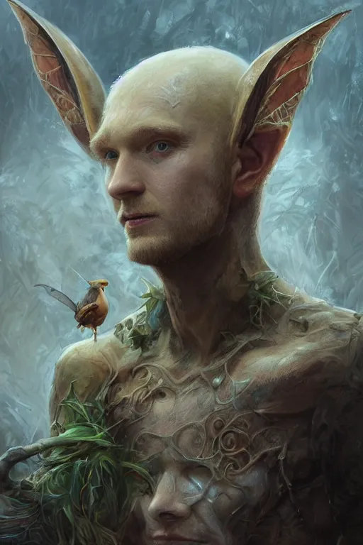 Image similar to closeup portrait shot of domhnall gleeson as puck, robin goodfellow, pooka, fairy wings, highly detailed, digital painting, artstation, concept art, soft focus, depth of field, artgerm, tomasz alen kopera, peter mohrbacher, donato giancola, wlop, boris vallejo