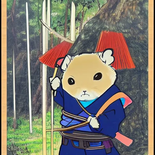 Image similar to japanese hamster samurai. with katana. anime art. old painting. sacura forest