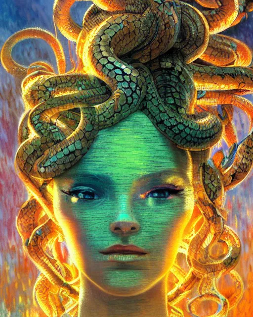 Image similar to day time, a cyberpunk close up portrait of cyborg medusa, electricity, snakes in hair, sparks, bokeh, soft focus, skin tones, warm, sky blue, daylight, by monet, paul lehr, jesper ejsing