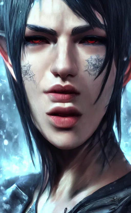 Image similar to V from Devil May Cry as an elf, black hair, tattoos, close up portrait by loish and WLOP, octane render, dynamic lighting, asymmetrical portrait, high key detailed, dark fantasy, trending on ArtStation