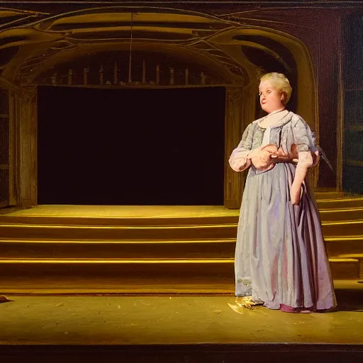 Image similar to an actress on stage in an old theater, only a single visitor in the audience, by alfred stephens