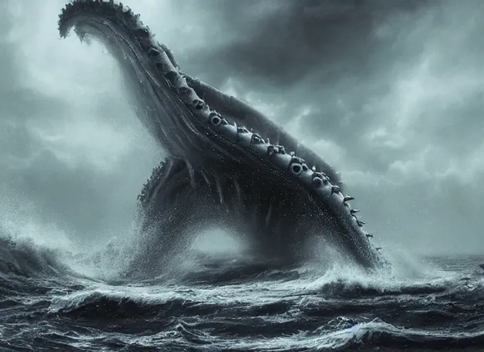 Image similar to wild ocean storm at night, a giant kraken emerging from water, dramatic lighting, cinematic, establishing shot, extremly high detail, foto realistic, cinematic lighting, post processed, concept art, artstation, matte painting, style by eddie mendoza, raphael lacoste, alex ross