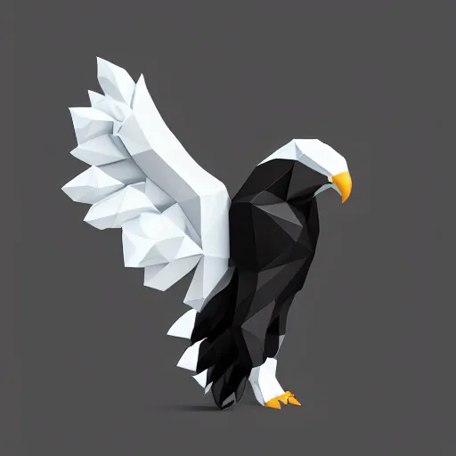 Image similar to 2 dimensional, vector, low poly, white eagle icon, black background, cgsociety, artstation