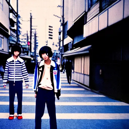 Image similar to ! dream japanese teenagers male and female, street photography in the 8 0 s, blue scheme, economic boom, punks, highly realistic, photography, highly detailed, cinematic lighting, tokyo, fashion, wearing sony walkman and headphones