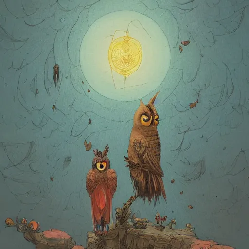 Image similar to long shot of a duo owl, duolingo, art by esao andrews, by james jean, marc simonetti, by victo ngai, humorous illustration, hyperrealistic, big depth of field, warm colors, night scenery, dim light, 3 d octane render, 4 k, tilt shift, conceptart, hyperdetailed, hyperrealistic, trending on artstation