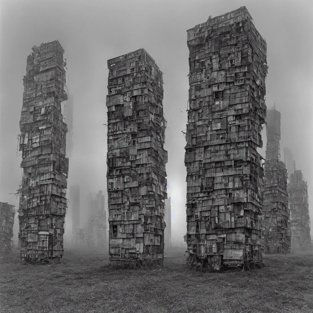 Prompt: two giant towers, made up of makeshift squatter shacks, misty, dystopia, mamiya rb 6 7, fully frontal view, very detailed, photographed by tarkovsky